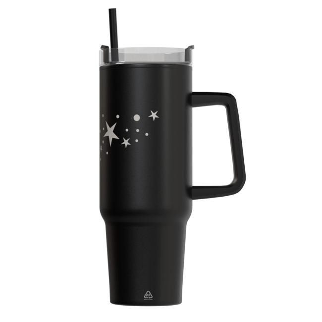 Dvoustěnný černý personalizovaný termohrnek s brčkem 900 ml