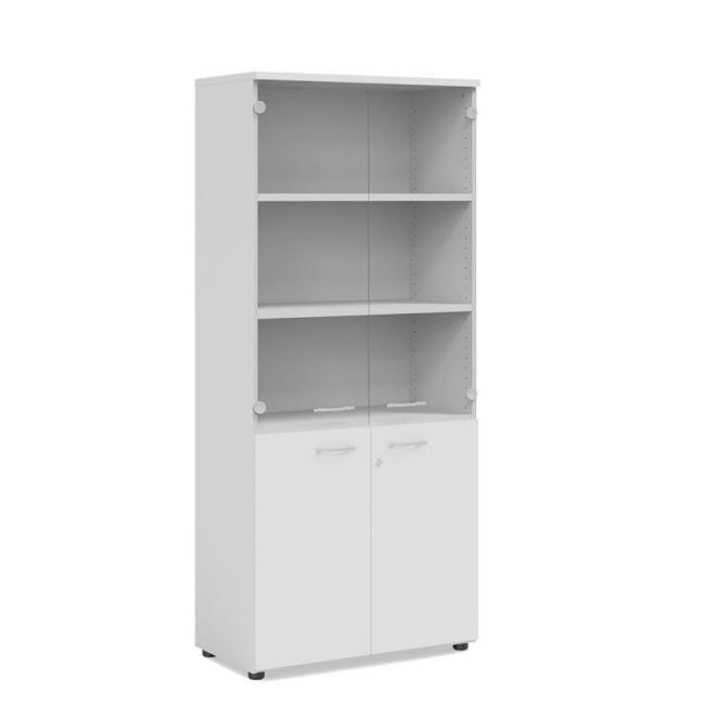 [LZ002873] Policová skříň BASIC, kombinovaná se sklem, se zámkem, 80x40x182,1cm, bílá