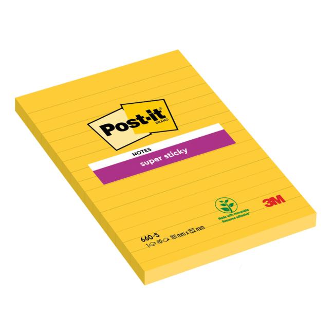 Samolepící bloček Post-it Super Sticky, 102x152 mm, žlutý, linkované