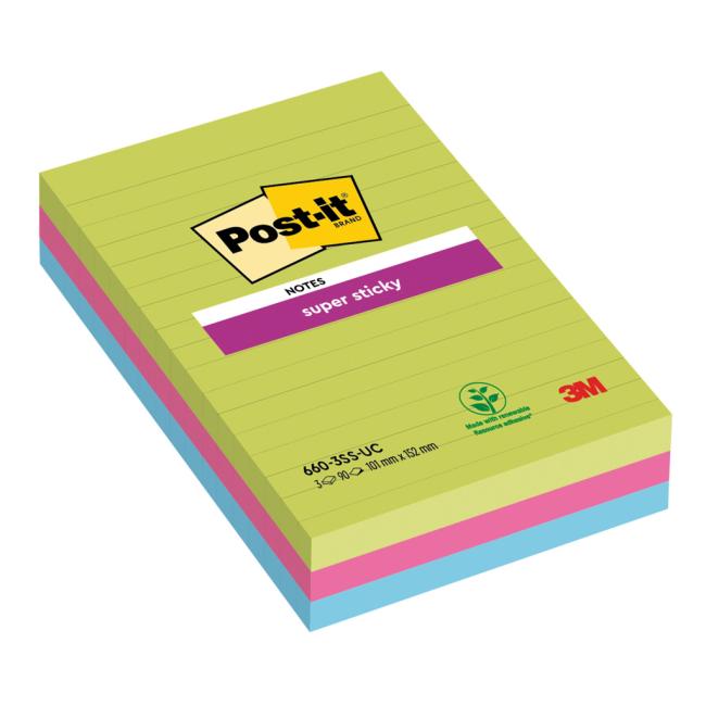 Samolepící bloček Post-it Super Sticky 101 mm x 152 mm XXL, duhové barvy, linkované, 3 bločky po 90 lístků