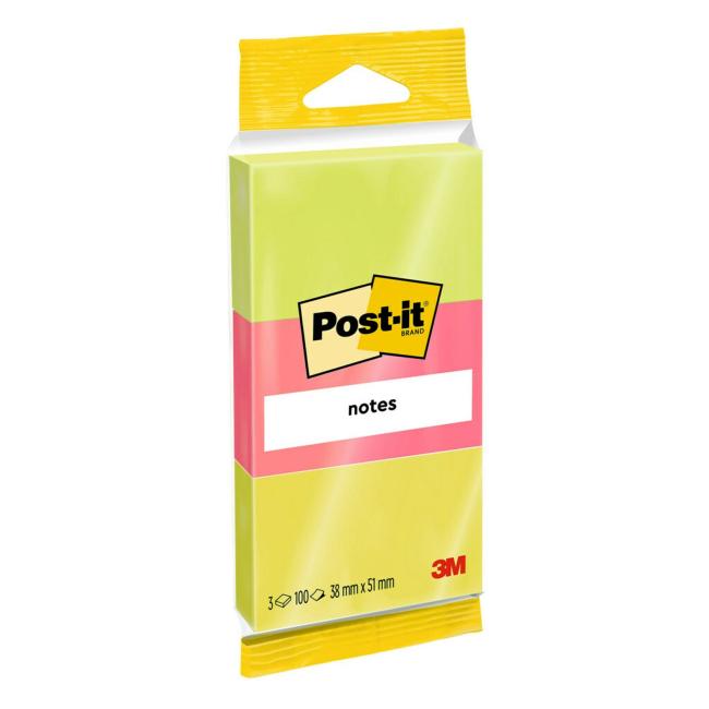 Samolepící bloček Post-it bločky, 51 x 38 mm, zelená, růžová, žlutá, 3 bločky po 100 lístků