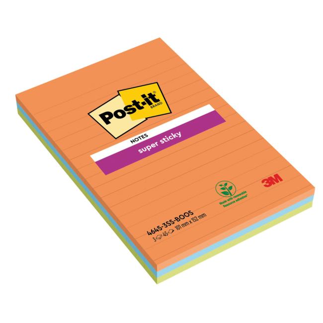Samolepící bloček Post-it Super Sticky BOOST, linkované, 101 mm x 152 mm, 45l, 3 bločky