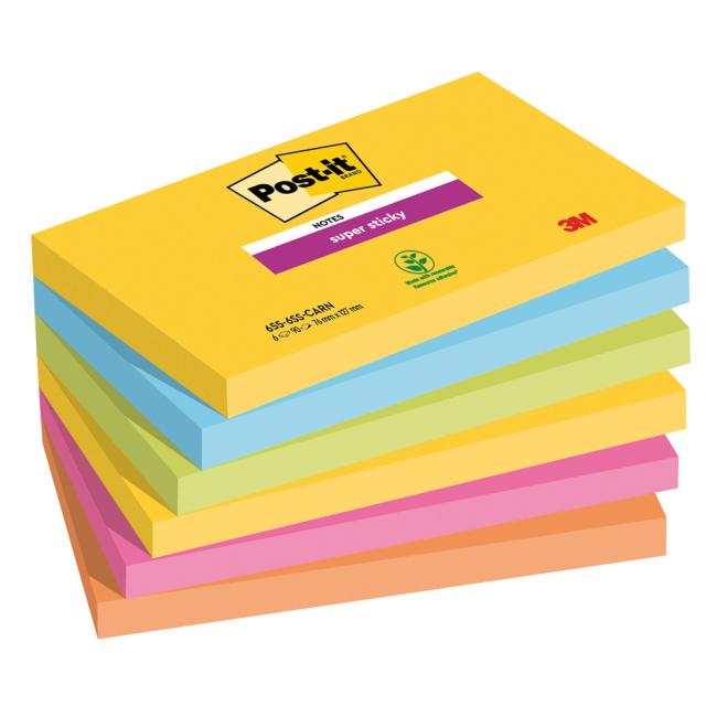 Samolepící bloček Post-it Super Sticky CARNIVAL, velikost 76 x127 mm 6 bločků po 90 lístků