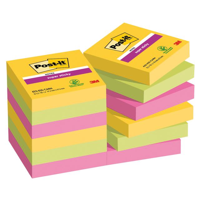 Samolepící bloček Post-it Super Sticky CARNIVAL, velikost 47,6 x 47,6 mm, 12 bločků po 90 lístků