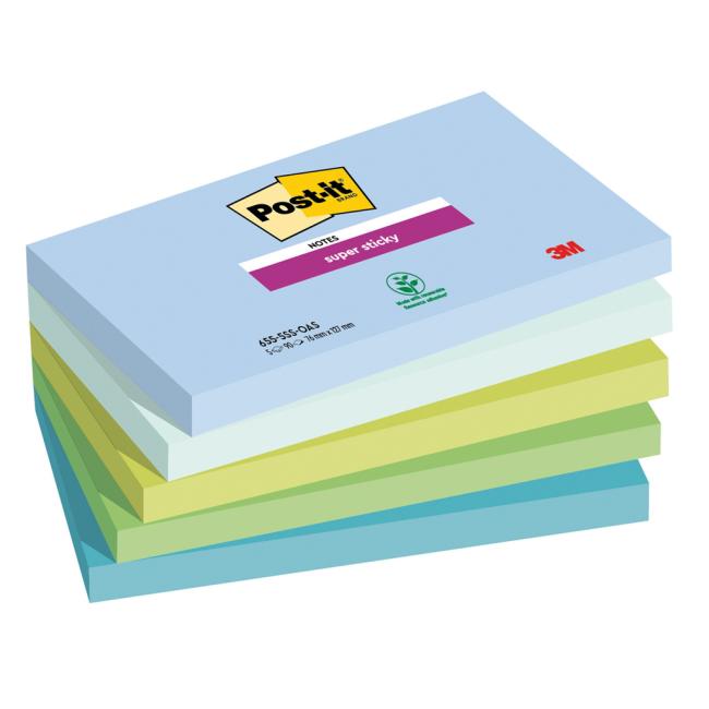 Samolepící bloček Post-it Super Sticky OASIS, velikost 76x127 mm, 5 bločků po 90 lístků