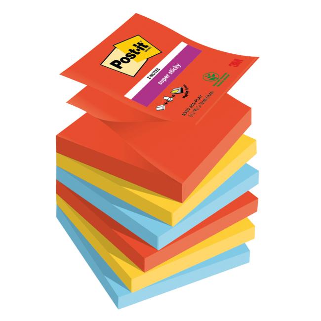 Samolepící Z-bločky Post-it Super Sticky PLAYFUL, velikost 76x76 mm, 6 bločků po 90 lístků
