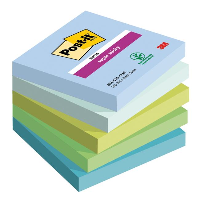 Samolepící bloček Post-it Super Sticky OASIS, velikost 76x76 mm, 5 bločků po 90 lístků