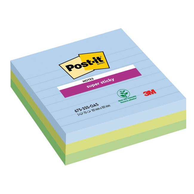 Samolepící bloček Post-it Super Sticky OASIS, velikost 101x101 mm XL, linkované, 3 bločky po 70 lístků