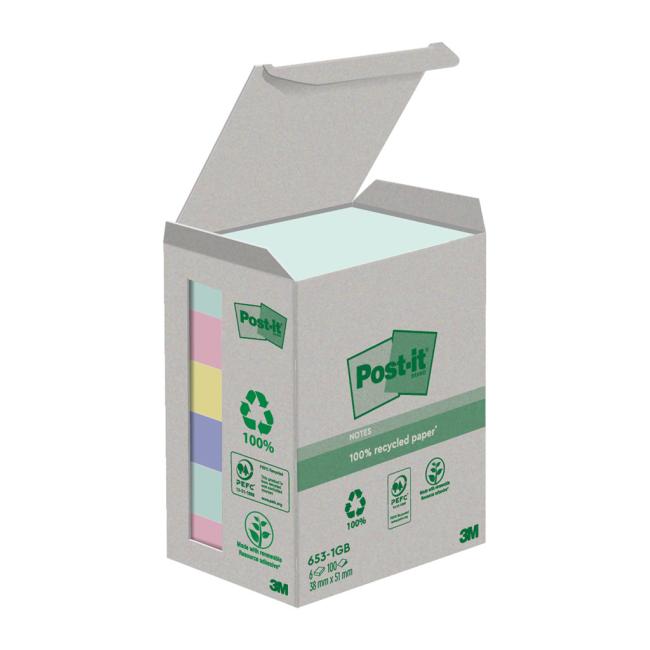 Samolepící bloček Post-it recyklované NATURE, pastelové barvy, velikost 38x51 mm, 6 bločků po 100 lístků