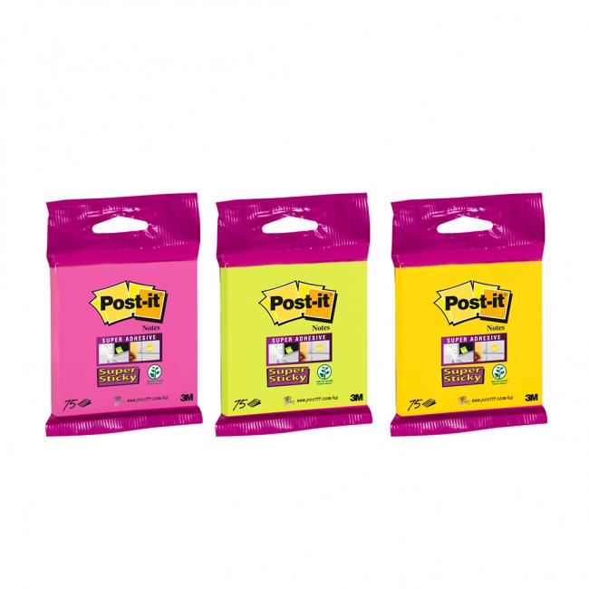 [MM682003] Samolepící bloček Post-it Super Sticky 76x76mm, 75l mix barev žlutá, zelená, fuchsiová
