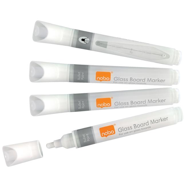 [NB905323] Popisovače Nobo na skleněné tabule s kulatým hrotem, balení 4 ks, bílé