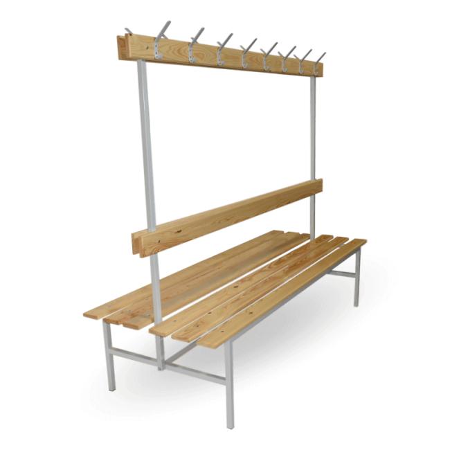 [AA000170] Šatní lavice oboustranná s opěrkou a věšáky, v.160 x š.150 x h.69cm, RAL7035 šedá, dřevo buk