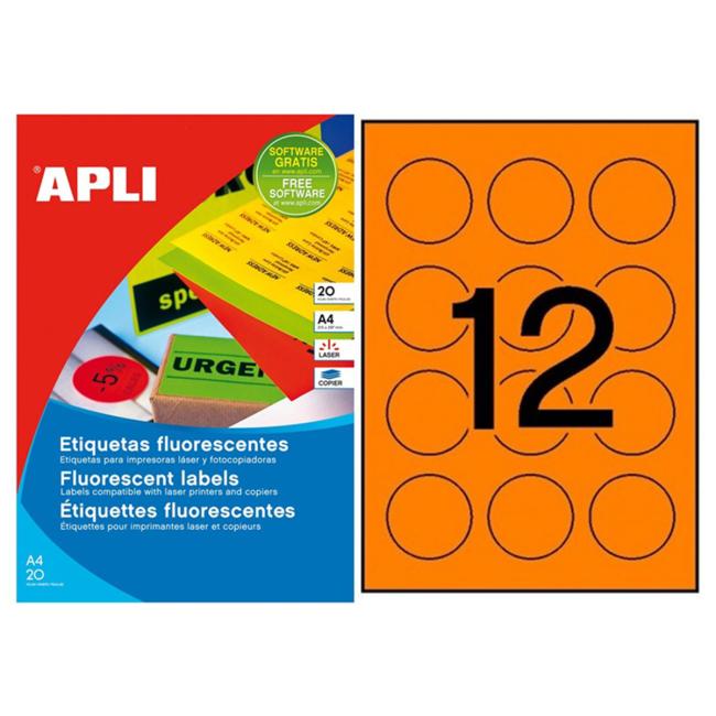 Etikety kruhové barevné průměr 60 mm APLI A4 20 archů fluo oranžové