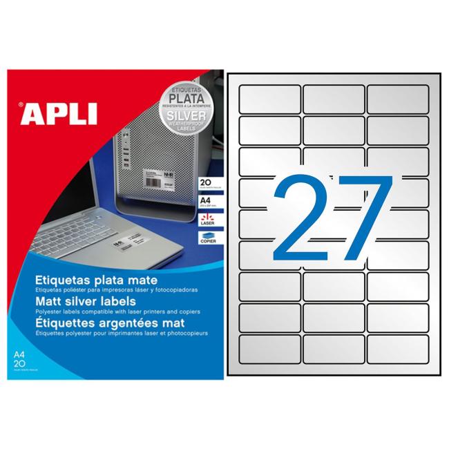 Etikety polyesterové 63,5x29,6mm APLI A4 20 archů stříbrné