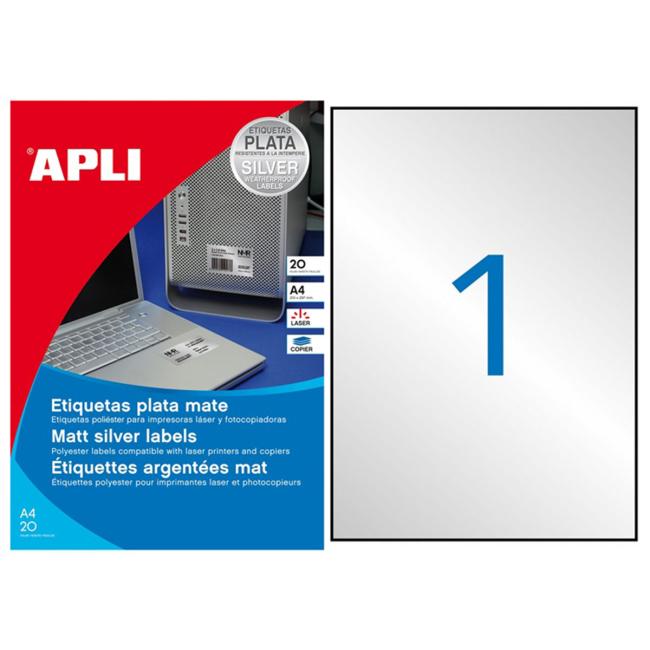 Etikety polyesterové 210x297mm APLI A4 20 archů stříbrné
