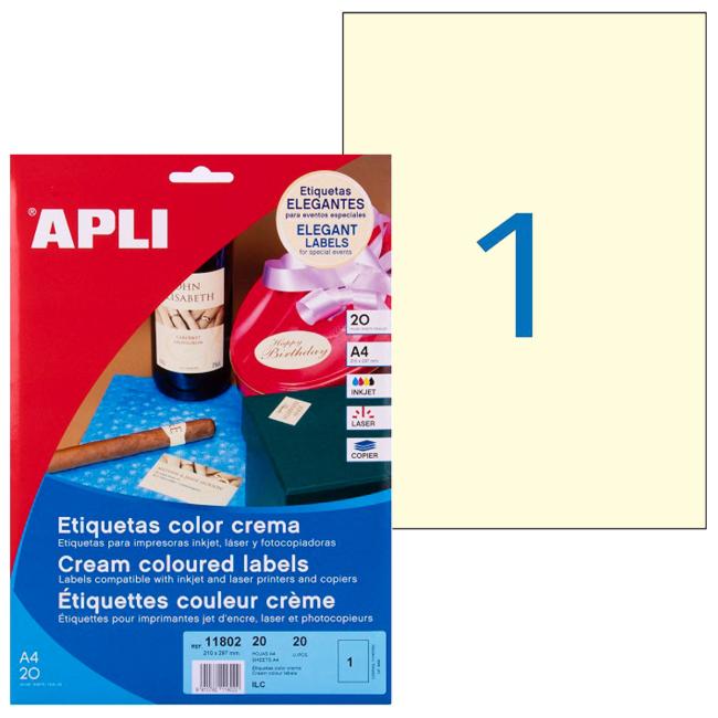 [AG011802] Etikety barevné 210x297mm APLI A4 20 archů krémové