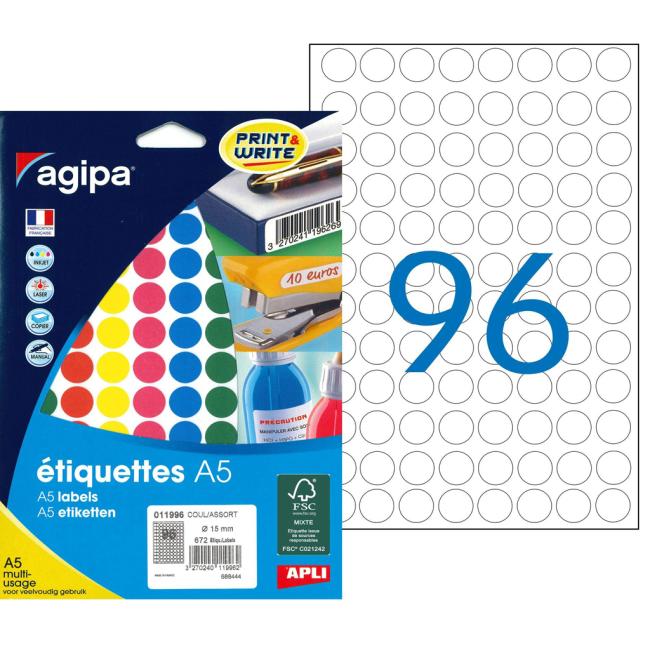 Etikety kruhové 15mm Agipa A5 mix 5 barev