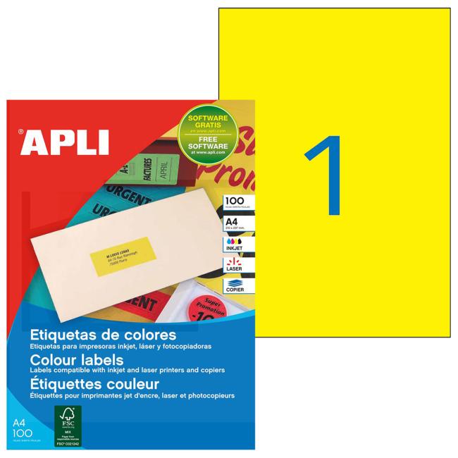 Etikety barevné 210x297mm APLI A4 100 archů fluo žluté
