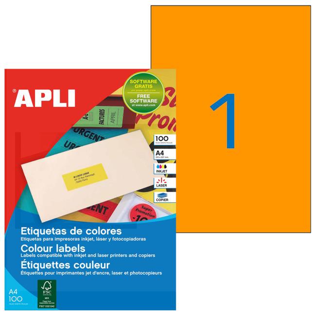 Etikety barevné 210x297mm APLI A4 100 archů fluo oranžové