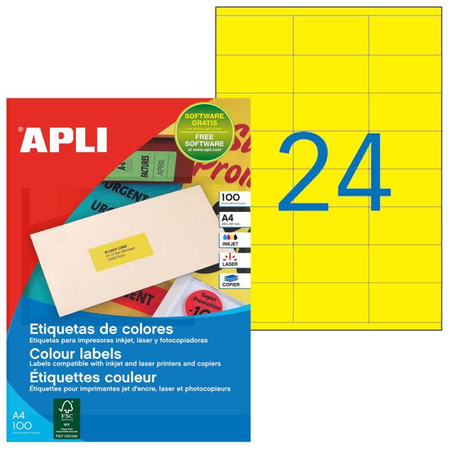 Etikety barevné 70x35mm APLI A4 100 archů fluo žluté