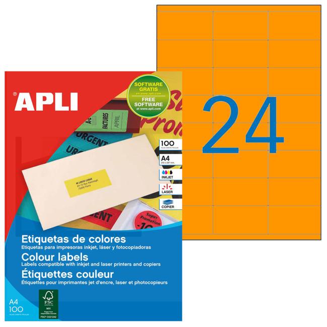 Etikety barevné 70x35mm APLI A4 100 archů fluo oranžové