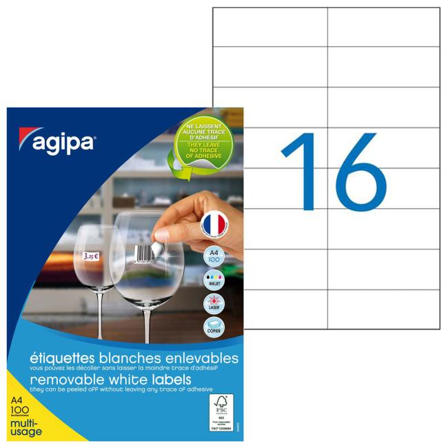 [AG101164] Etikety univerzálně odnímatelné 105x37 mm Agipa A4 100 archů