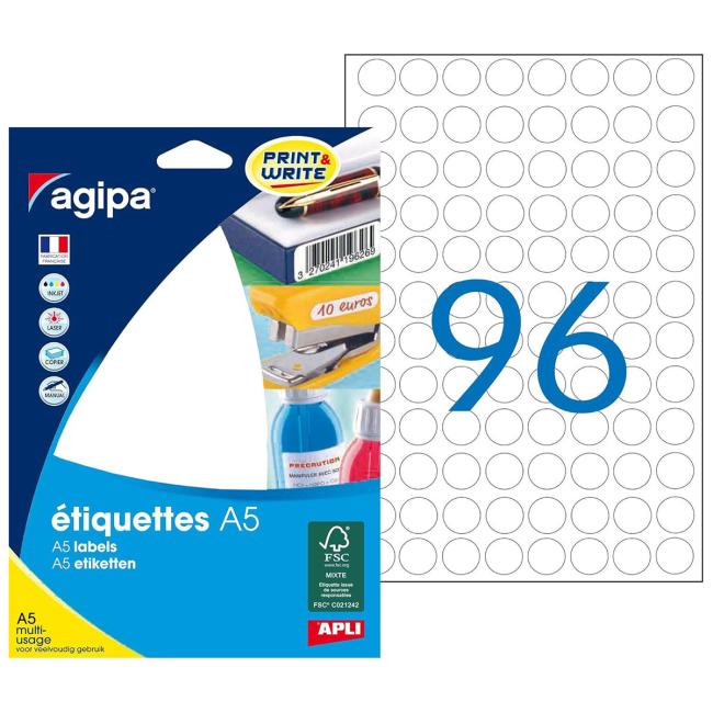 Etikety kruhové 15mm Agipa A5 bílé
