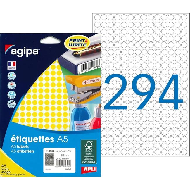 Etikety kruhové 8mm Agipa A5 žluté