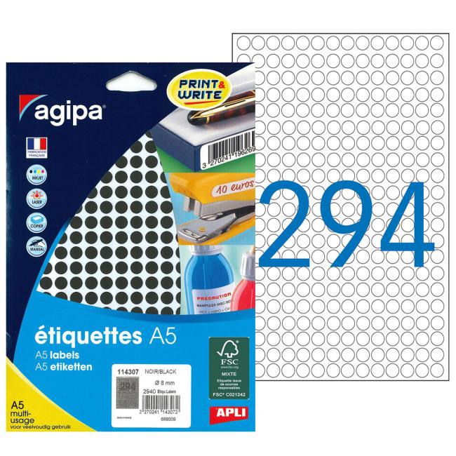 Etikety kruhové 8mm Agipa A5 černé