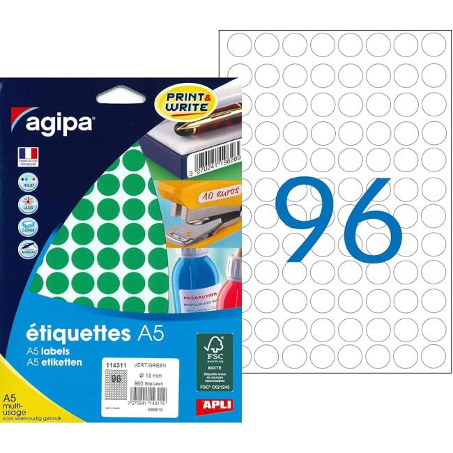 [AG114311] Etikety kruhové 15mm Agipa A5 zelené
