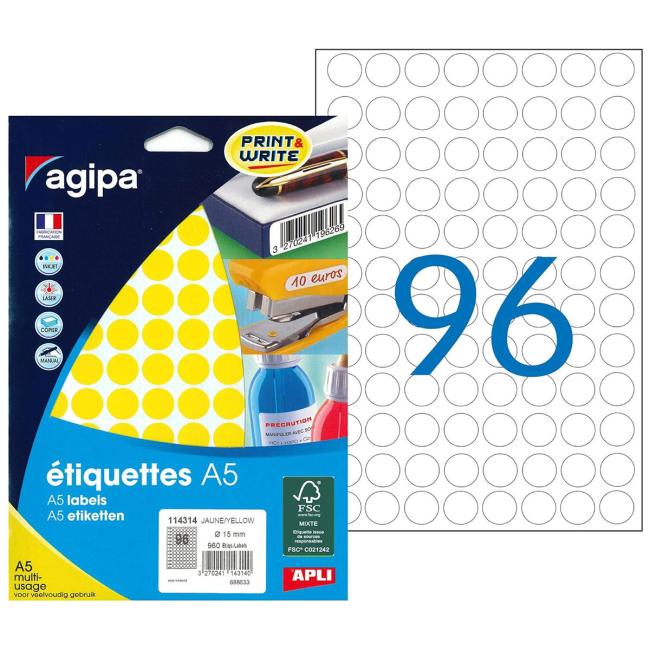 Etikety kruhové 15mm Agipa A5 žluté