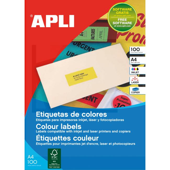 Etikety barevné 70x31mm APLI A4 100 archů fluo červené