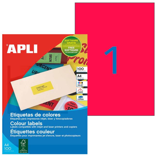 Etikety barevné 210x297mm APLI A4 100 archů fluo červené