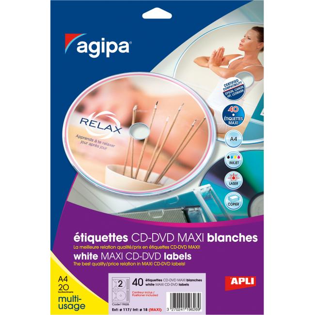 Etikety univerzální na CD/DVD průměr 117,5 -17mm Agipa 20 archů