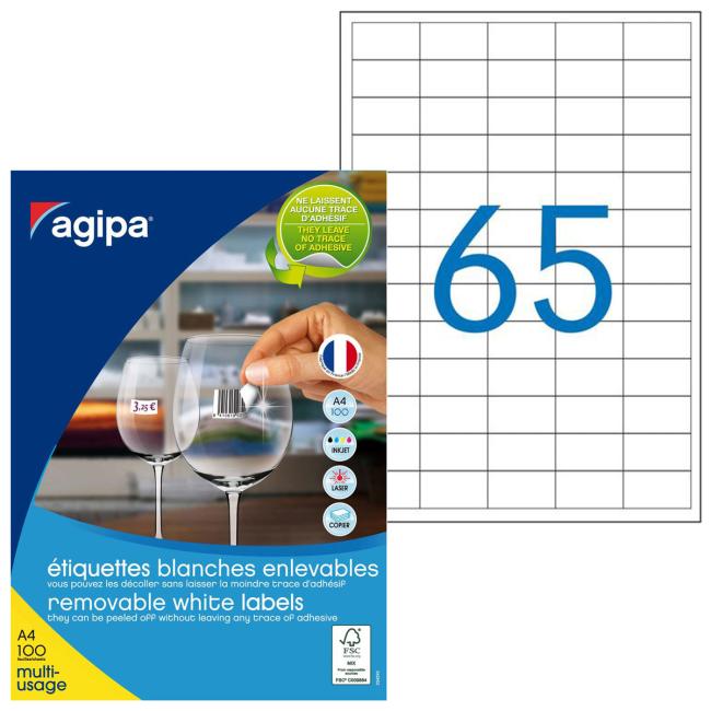 Etikety univerzálně odnímatelné 38x21,2mm Agipa A4 100 archů