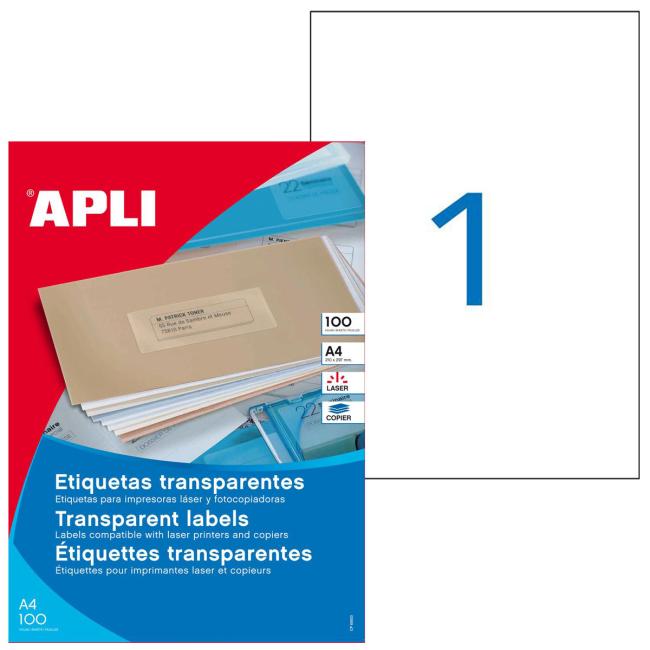 Etikety polyesterové průhledné 210x297mm Agipa A4 laser 100 archů