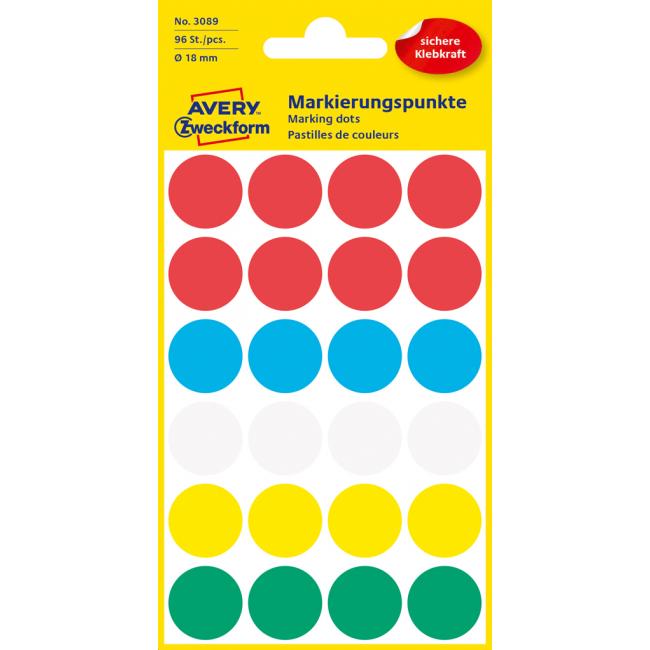 [AV003089] Etikety kruhové 18mm Avery mix barev