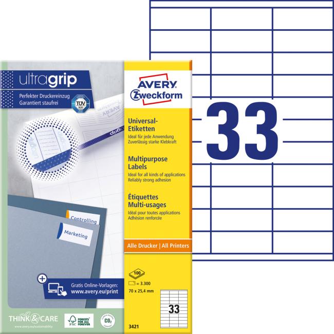 [AV003421] Etikety univerzální 70x25,4mm Avery A4 100 archů