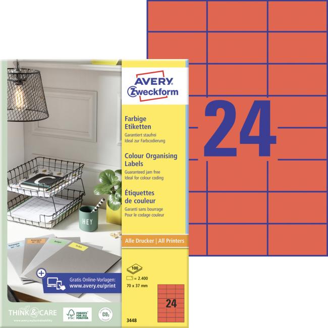 Etikety barevné 70x37mm Avery A4 100 archů červené