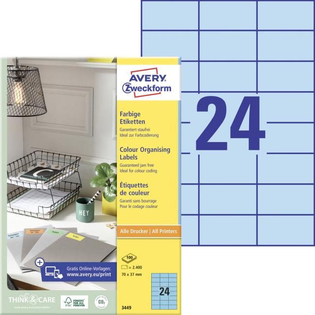 [AV003449] Etikety barevné 70x37mm Avery A4 100 archů modré