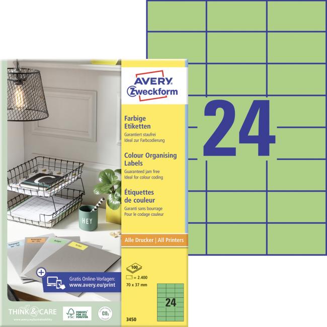 Etikety barevné 70x37mm Avery A4 100 archů zelené