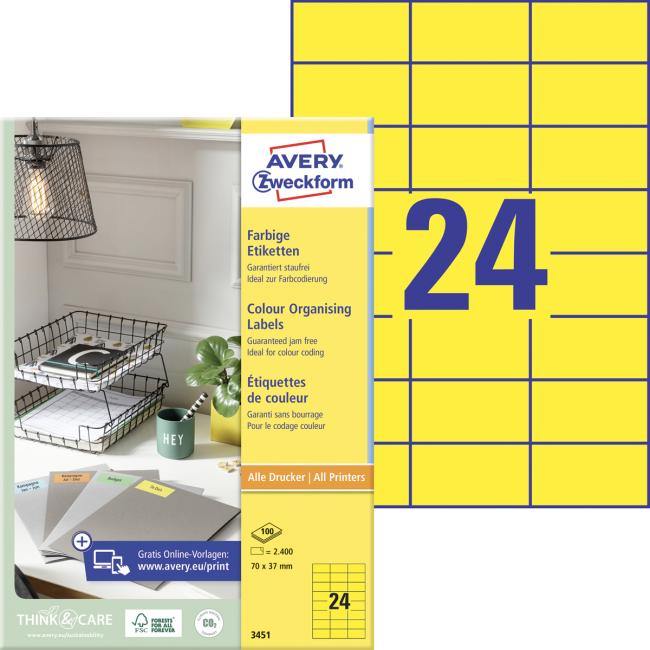 Etikety barevné 70x37mm Avery A4 100 archů žluté