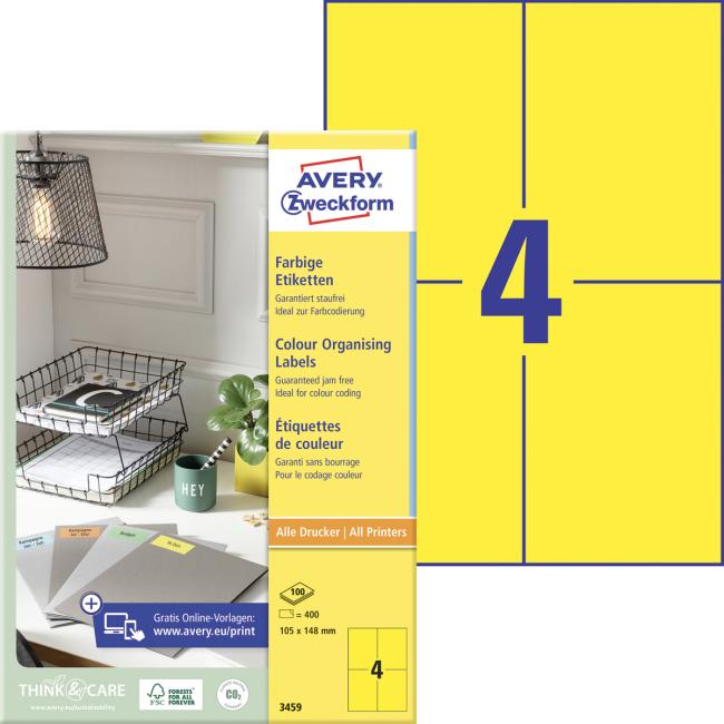 Etikety barevné 105x148mm Avery A4 100 archů žluté