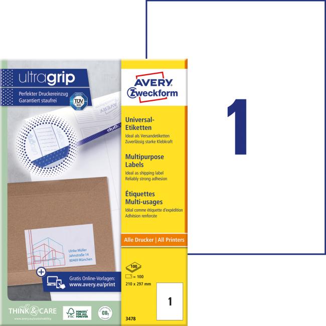 Etikety univerzální 210x297mm Avery A4 100 archů