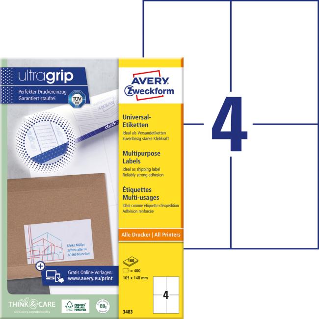 Etikety univerzální 105x148mm Avery A4 100 archů
