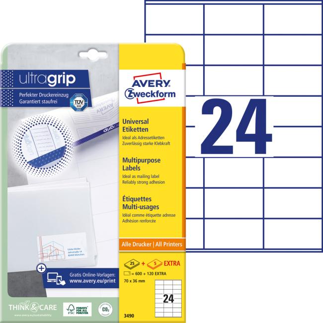 Etikety univerzální 70x36mm Avery A4 25+5 archů