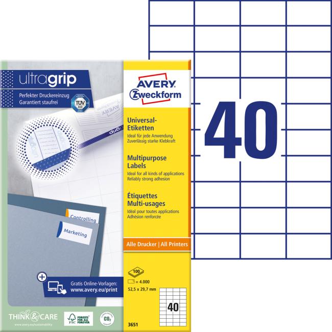 Etikety univerzální 52,5x29,7mm Avery A4 100 archů