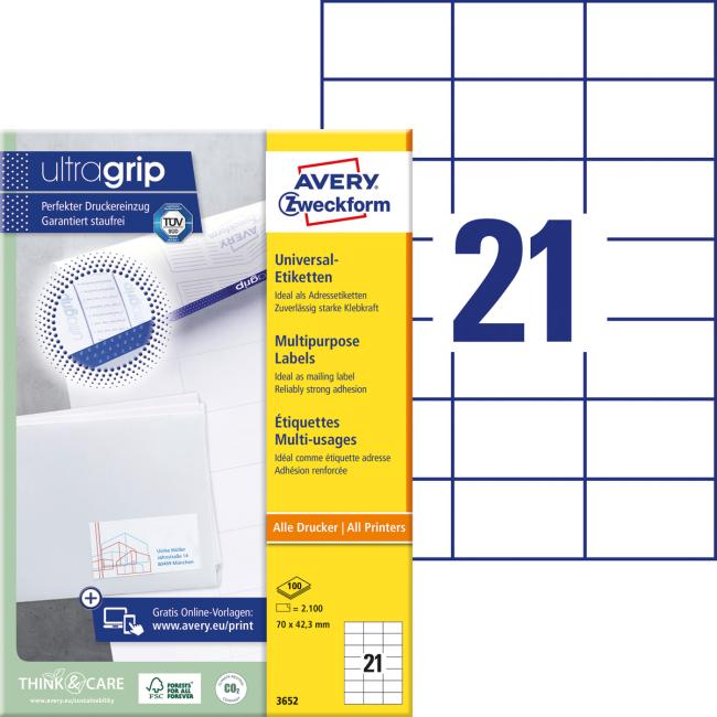 Etikety univerzální 70x42,3mm Avery A4 100 archů
