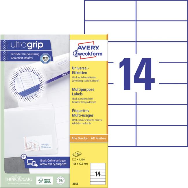 Etikety univerzální 105x42,3mm Avery A4 100 archů