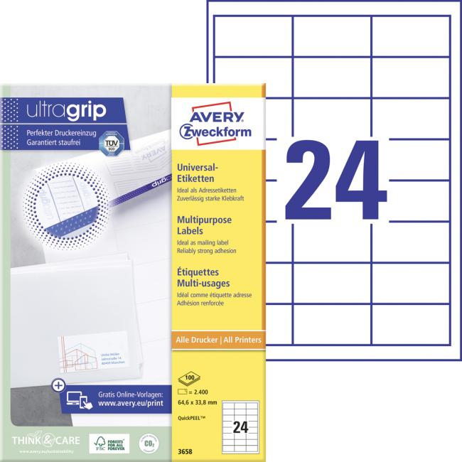 Etikety univerzální 64,6x33,8mm Avery A4 100 archů